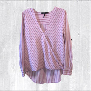 BCBG Maxazria Pink and Mauve Striped Blouse Faux wrap V Neck high-lo Size Small